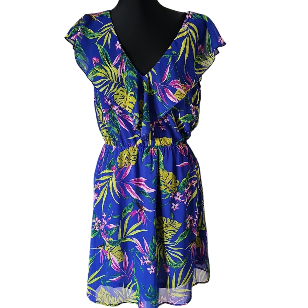 Divided by H&M Tropical Ruffled Blue Romper Dress Women's Size 8